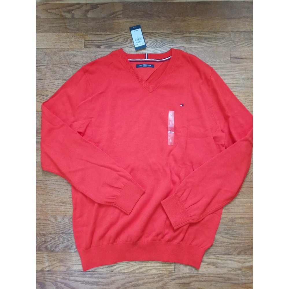 Tommy Hilfiger Mens V-Neck Sweater Cotton NEW Orange Red LG